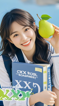 一个甜甜的女生拿着梨子的高清图片