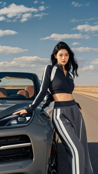 美女背靠跑步在沙漠马路上的照片高清图片